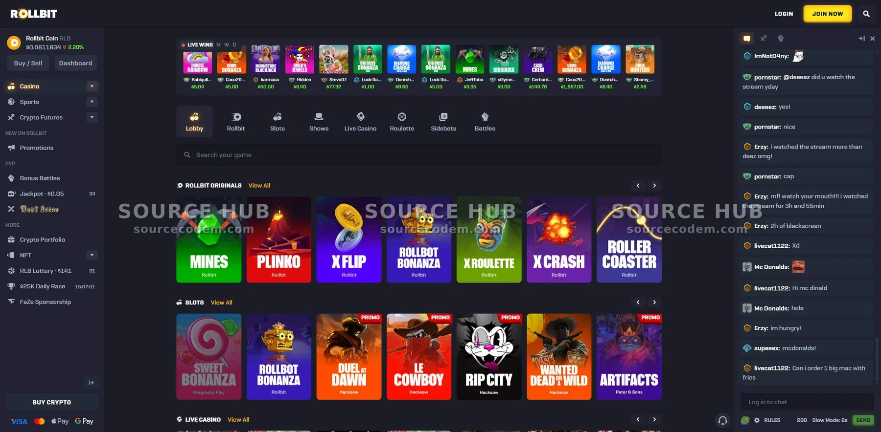 Rollbit Originals原创哈希小游戏与公屏聊天室源码