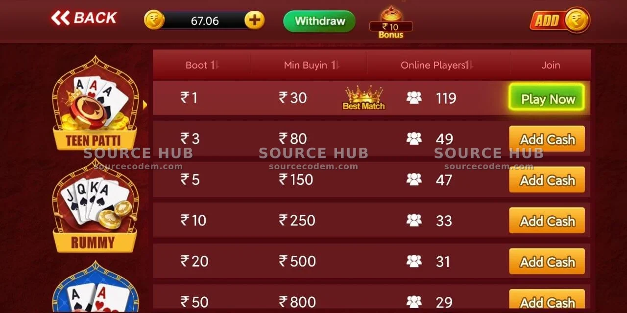 Teen Patti炸金花与Rummy拉米纸牌极速选场大厅