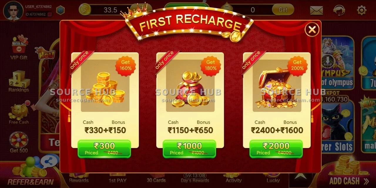 印度本土棋牌高达200%的首充First Recharge赠送弹窗
